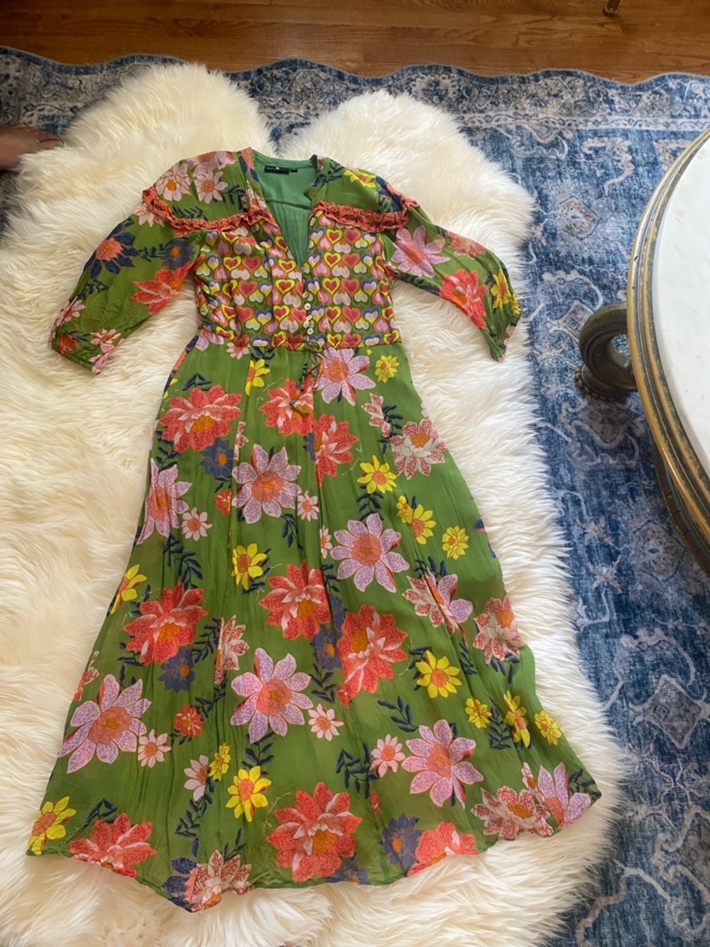 Green Floral Maxi Dress with Heart-Detail Bodice